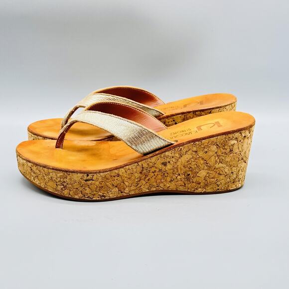 K Jacques St Tropez Sandals Womens 8 Gold Leather Wedge Platform Cork Thong Shoe - Picture 5 of 12